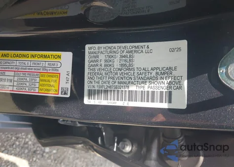 2025 Honda Civic Sport from USA, damaged, VIN 19XFL2H87SE021378